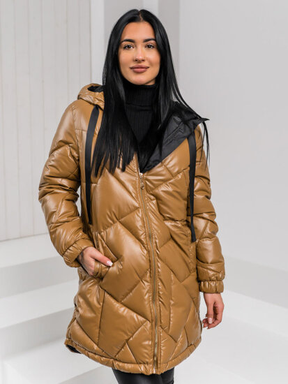 Bolf Damen Lange Gepolsterte WInterjacke Mantel mit Kapuze Braun  5M3189