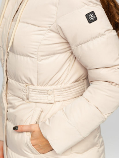 Bolf Damen Lange Gepolsterte Winterjacke Mantel mit Kapuze Beige  7086