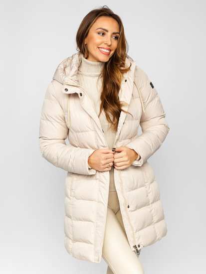 Bolf Damen Lange Gepolsterte Winterjacke Mantel mit Kapuze Beige  7086