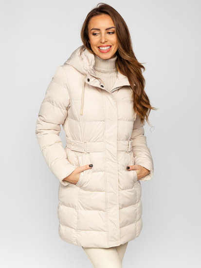 Bolf Damen Lange Gepolsterte Winterjacke Mantel mit Kapuze Beige  7086