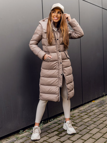 Bolf Damen Lange Gepolsterte Winterjacke Mantel mit Kapuze Braun  M689