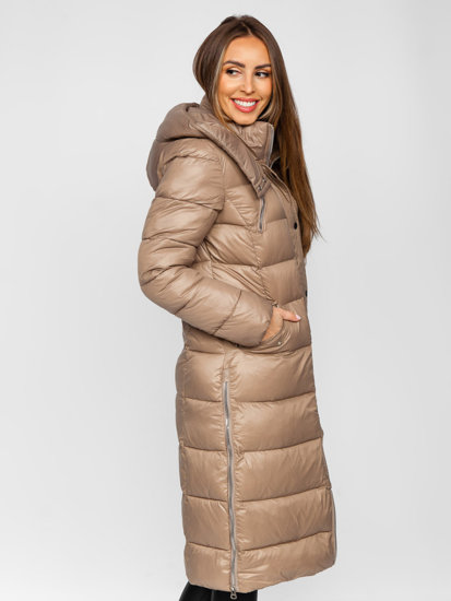 Bolf Damen Lange Gepolsterte Winterjacke Mantel mit Kapuze Braun  M689