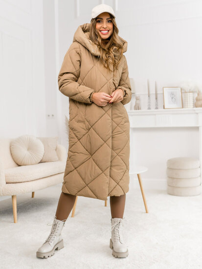 Bolf Damen Lange Gepolsterte Winterjacke Mantel mit Kapuze Camel 5M3173