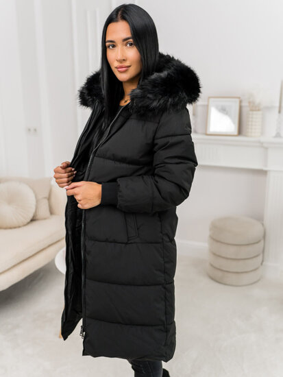 Bolf Damen Lange Gepolsterte Winterjacke Mantel mit Kapuze Schwarz  11Z8082