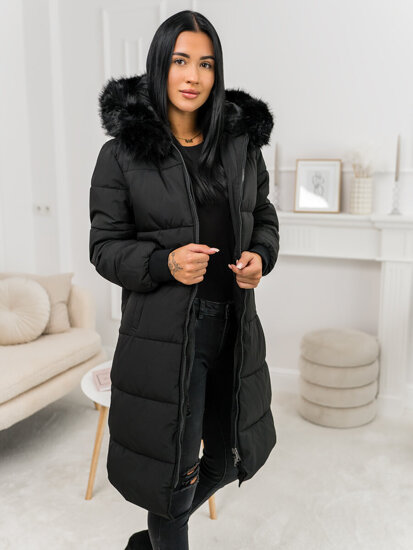 Bolf Damen Lange Gepolsterte Winterjacke Mantel mit Kapuze Schwarz  11Z8082