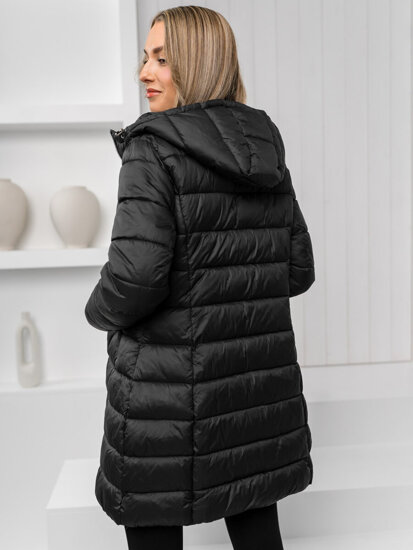 Bolf Damen Lange Gepolsterte Winterjacke Mantel mit Kapuze Schwarz  11Z8083