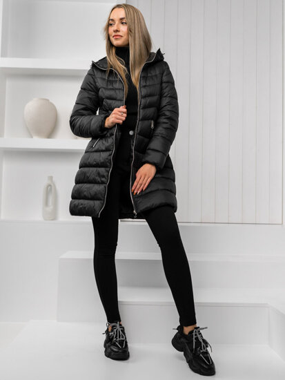 Bolf Damen Lange Gepolsterte Winterjacke Mantel mit Kapuze Schwarz  11Z8083