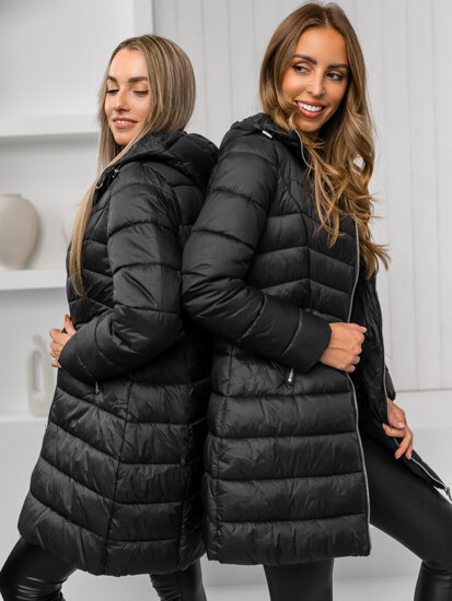 Bolf Damen Lange Gepolsterte Winterjacke Mantel mit Kapuze Schwarz  11Z8083A