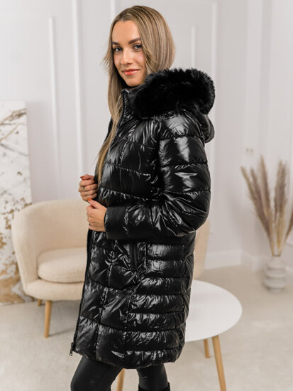 Bolf Damen Lange Gepolsterte Winterjacke Mantel mit Kapuze Schwarz  16M9120