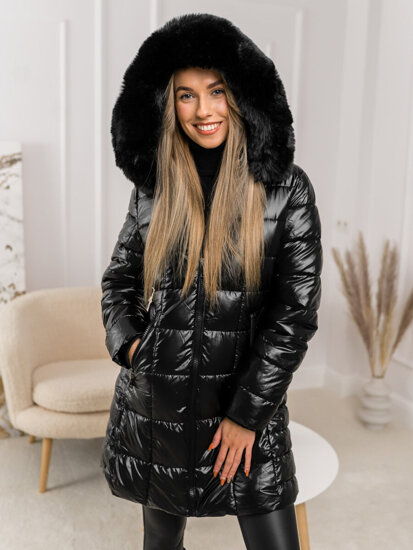 Bolf Damen Lange Gepolsterte Winterjacke Mantel mit Kapuze Schwarz  16M9120A1