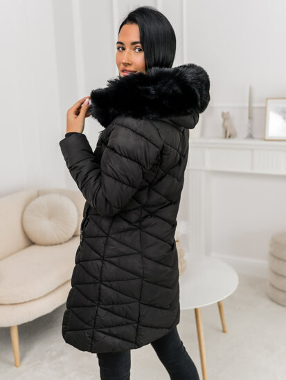 Bolf Damen Lange Gepolsterte Winterjacke Mantel mit Kapuze Schwarz  16M9195