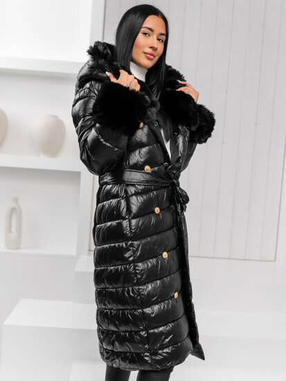 Bolf Damen Lange Gepolsterte Winterjacke Mantel mit Kapuze Schwarz  5M3160