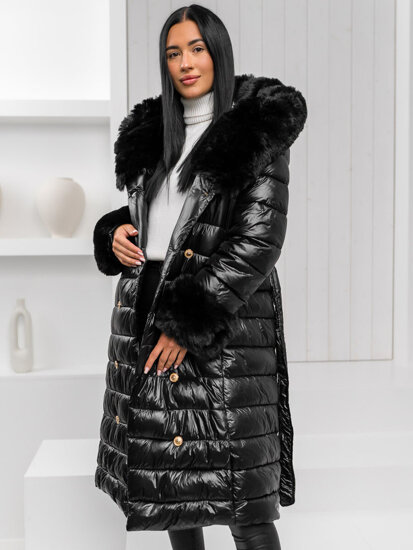 Bolf Damen Lange Gepolsterte Winterjacke Mantel mit Kapuze Schwarz  5M3160