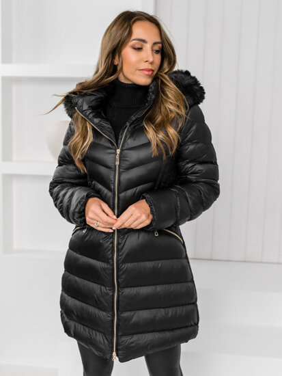 Bolf Damen Lange Gepolsterte Winterjacke Mantel mit Kapuze Schwarz  5M3162