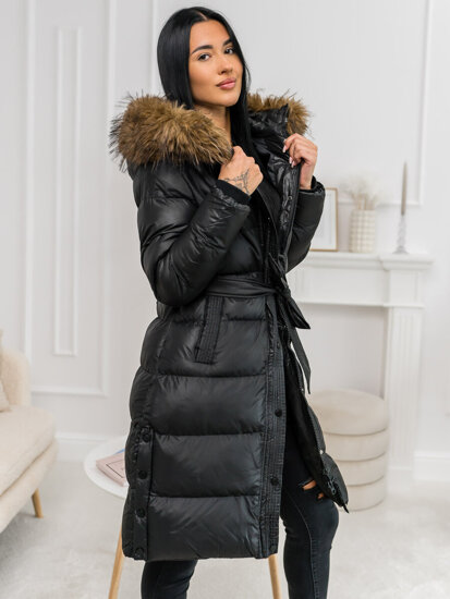 Bolf Damen Lange Gepolsterte Winterjacke Mantel mit Kapuze Schwarz  5M3298