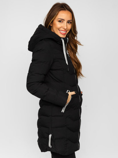 Bolf Damen Lange Gepolsterte Winterjacke Mantel mit Kapuze Schwarz  7075