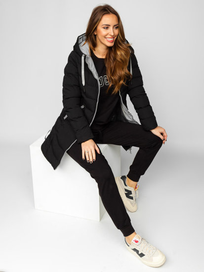 Bolf Damen Lange Gepolsterte Winterjacke Mantel mit Kapuze Schwarz  7075