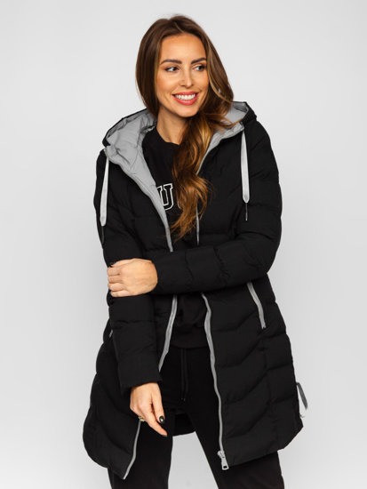 Bolf Damen Lange Gepolsterte Winterjacke Mantel mit Kapuze Schwarz  7075