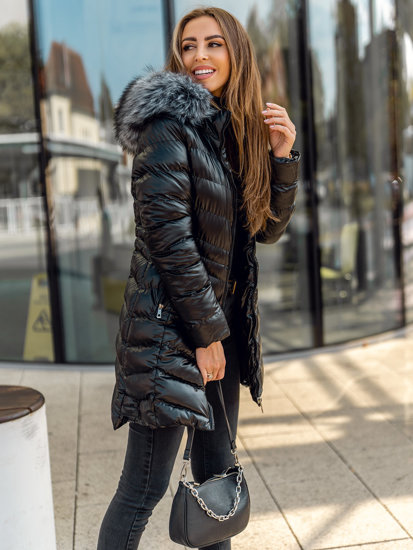 Bolf Damen Lange Gepolsterte Winterjacke Mantel mit Kapuze Schwarz  7076A