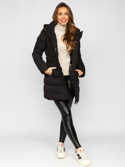 Bolf Damen Lange Gepolsterte Winterjacke Mantel mit Kapuze Schwarz  7086