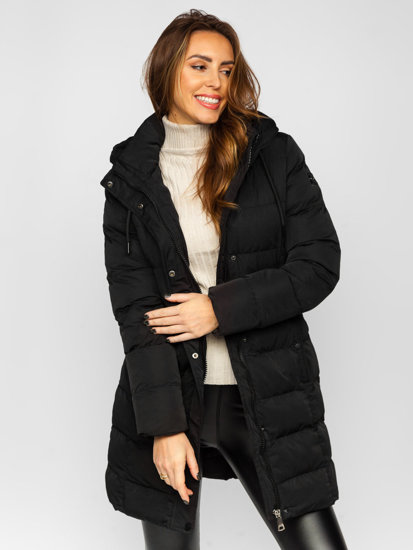 Bolf Damen Lange Gepolsterte Winterjacke Mantel mit Kapuze Schwarz  7086