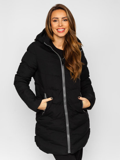 Bolf Damen Lange Gepolsterte Winterjacke Mantel mit Kapuze Schwarz  7089