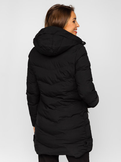 Bolf Damen Lange Gepolsterte Winterjacke Mantel mit Kapuze Schwarz  7089