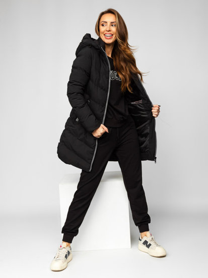 Bolf Damen Lange Gepolsterte Winterjacke Mantel mit Kapuze Schwarz  7089