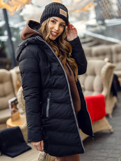 Bolf Damen Lange Gepolsterte Winterjacke Mantel mit Kapuze Schwarz  7089A