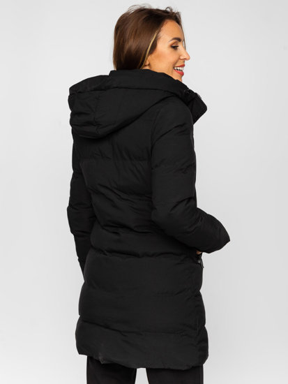 Bolf Damen Lange Gepolsterte Winterjacke Mantel mit Kapuze Schwarz  7091