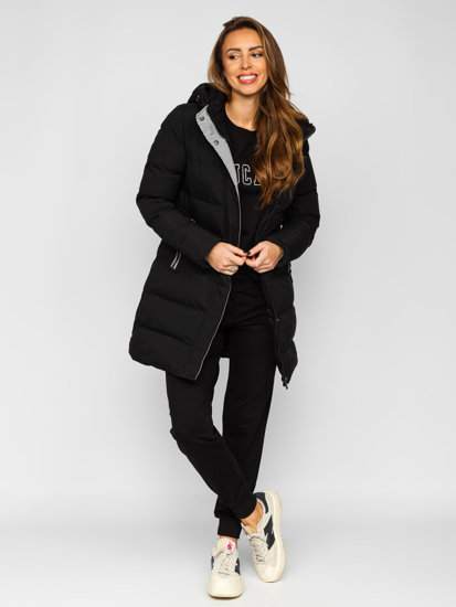 Bolf Damen Lange Gepolsterte Winterjacke Mantel mit Kapuze Schwarz  7091