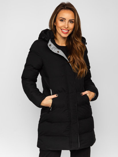 Bolf Damen Lange Gepolsterte Winterjacke Mantel mit Kapuze Schwarz  7091