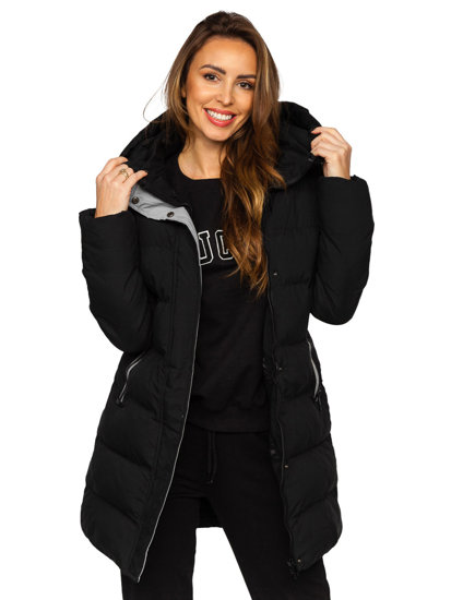 Bolf Damen Lange Gepolsterte Winterjacke Mantel mit Kapuze Schwarz  7091