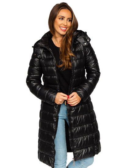 Bolf Damen Lange Gepolsterte Winterjacke Mantel mit Kapuze Schwarz  MB0276