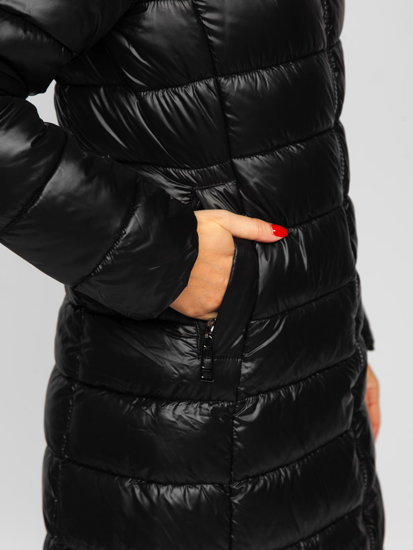 Bolf Damen Lange Gepolsterte Winterjacke Mantel mit Kapuze Schwarz  MB0276