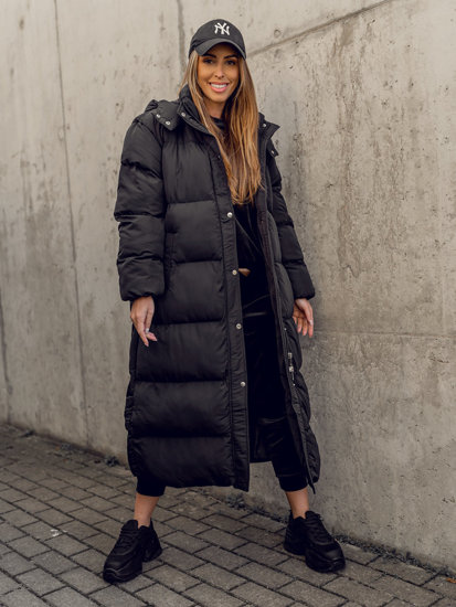 Bolf Damen Lange Gepolsterte Winterjacke Mantel mit Kapuze Schwarz  R6702A