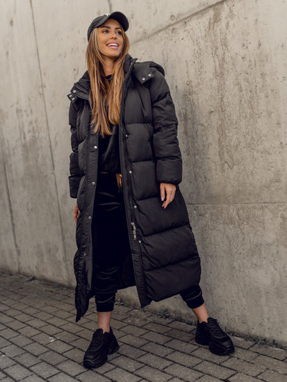 Bolf Damen Lange Gepolsterte Winterjacke Mantel mit Kapuze Schwarz  R6702A