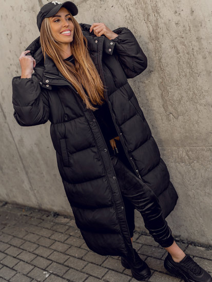 Bolf Damen Lange Gepolsterte Winterjacke Mantel mit Kapuze Schwarz  R6702A