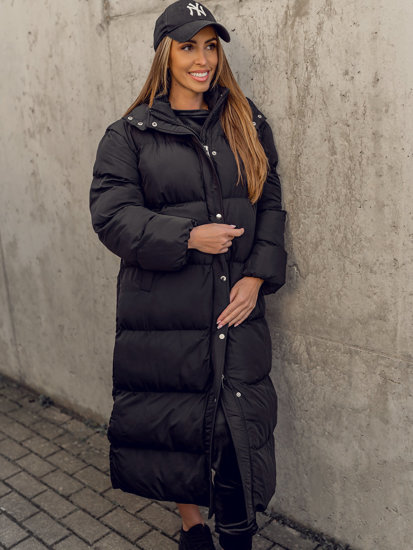 Bolf Damen Lange Gepolsterte Winterjacke Mantel mit Kapuze Schwarz  R6702A