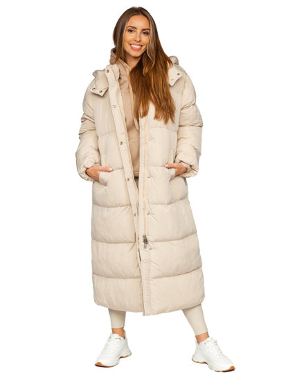 Bolf Damen Lange Gepolsterte Winterjacke mit Kapuze Beige  R6702