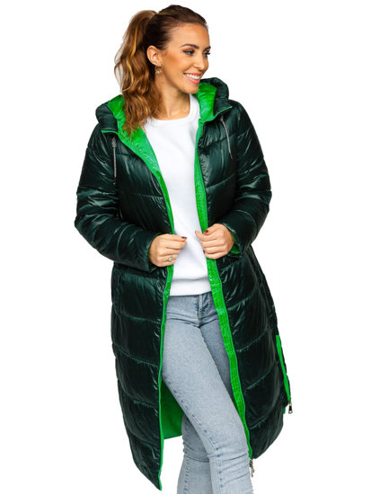 Bolf Damen Lange Gepolsterte Winterjacke mit Kapuze Grün  J9063