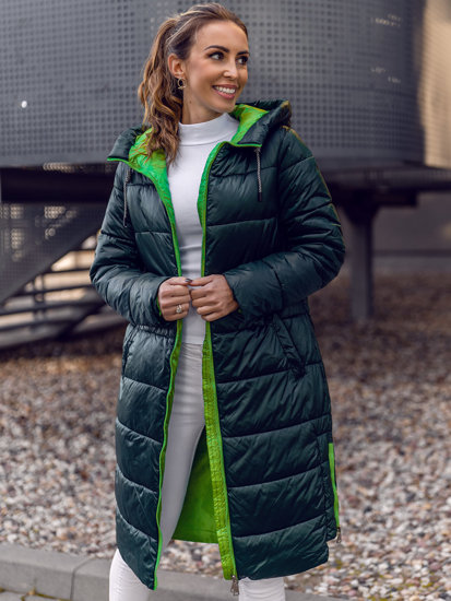 Bolf Damen Lange Gepolsterte Winterjacke mit Kapuze Grün  J9063