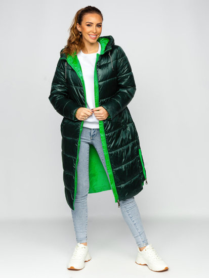 Bolf Damen Lange Gepolsterte Winterjacke mit Kapuze Grün  J9063