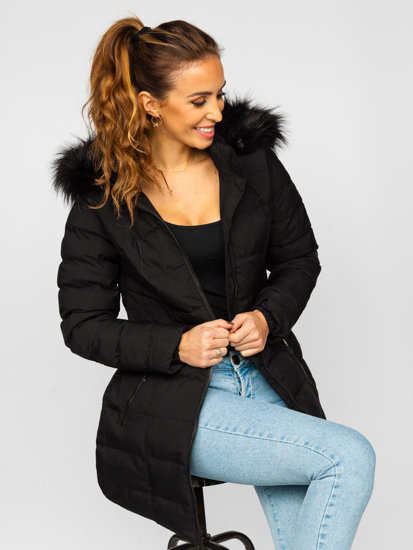 Bolf Damen Lange Gepolsterte Winterjacke mit Kapuze Schwarz  16M9061