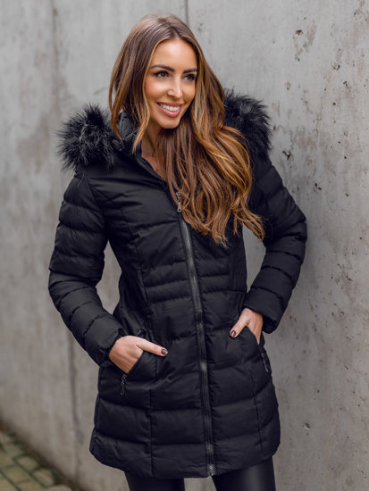 Bolf Damen Lange Gepolsterte Winterjacke mit Kapuze Schwarz  16M9061