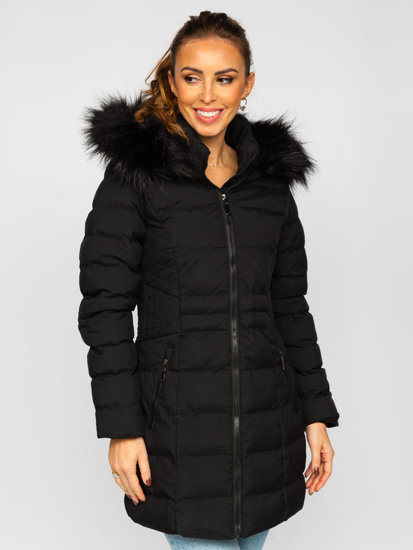 Bolf Damen Lange Gepolsterte Winterjacke mit Kapuze Schwarz  16M9061