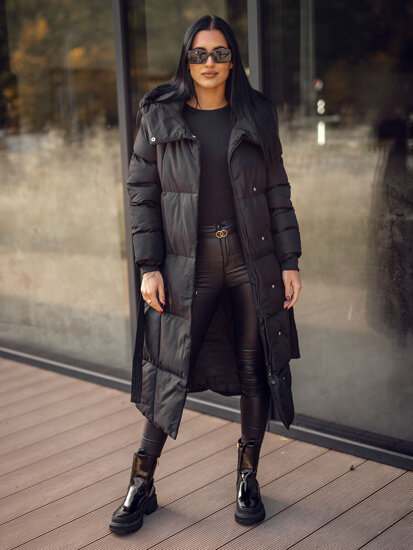 Bolf Damen Lange Gepolsterte Winterjacke mit Kapuze Schwarz  5M3227