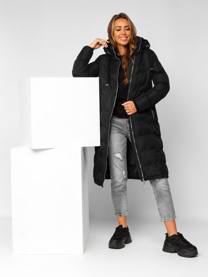 Bolf Damen Lange Gepolsterte Winterjacke mit Kapuze Schwarz  5M736