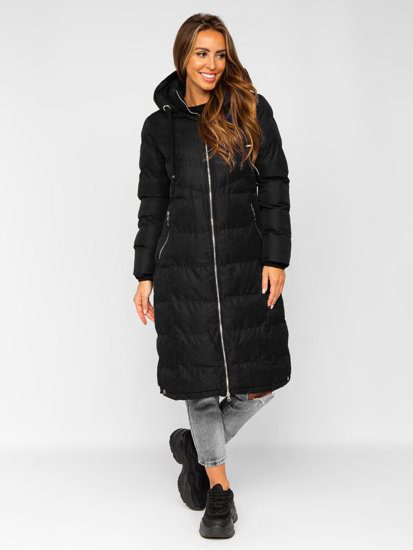 Bolf Damen Lange Gepolsterte Winterjacke mit Kapuze Schwarz  5M736