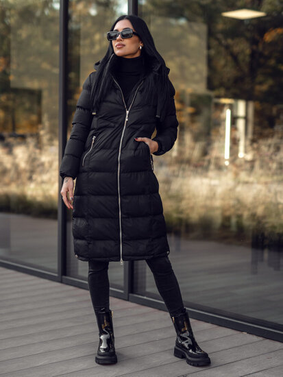 Bolf Damen Lange Gepolsterte Winterjacke mit Kapuze Schwarz  5M736